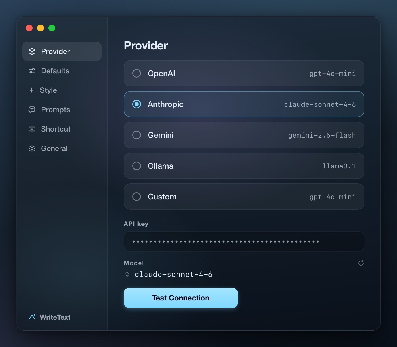 WriteText provider settings showing OpenAI, Anthropic, Gemini, Ollama, and custom endpoints