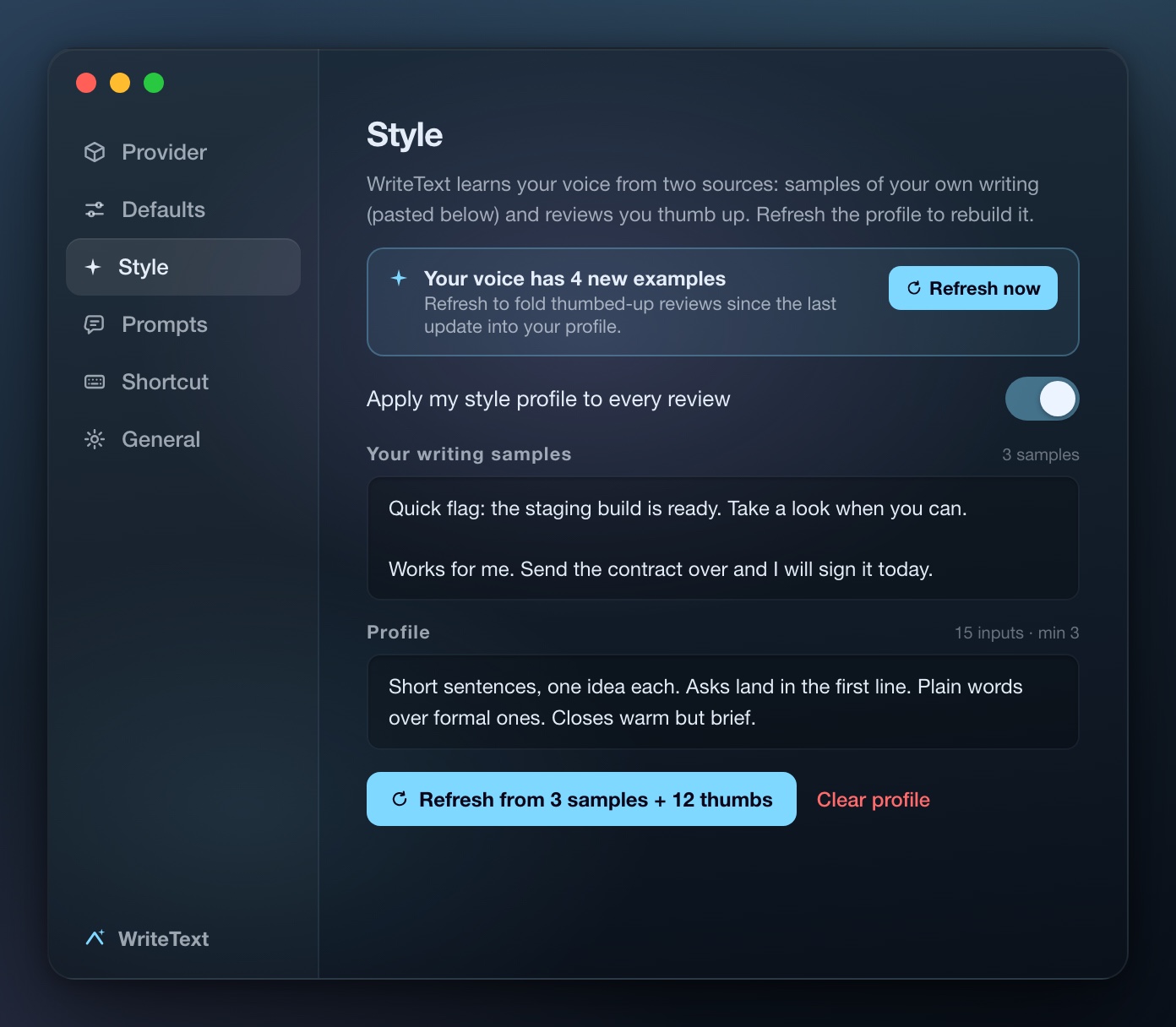 WriteText style profile settings with writing samples and learned preferences